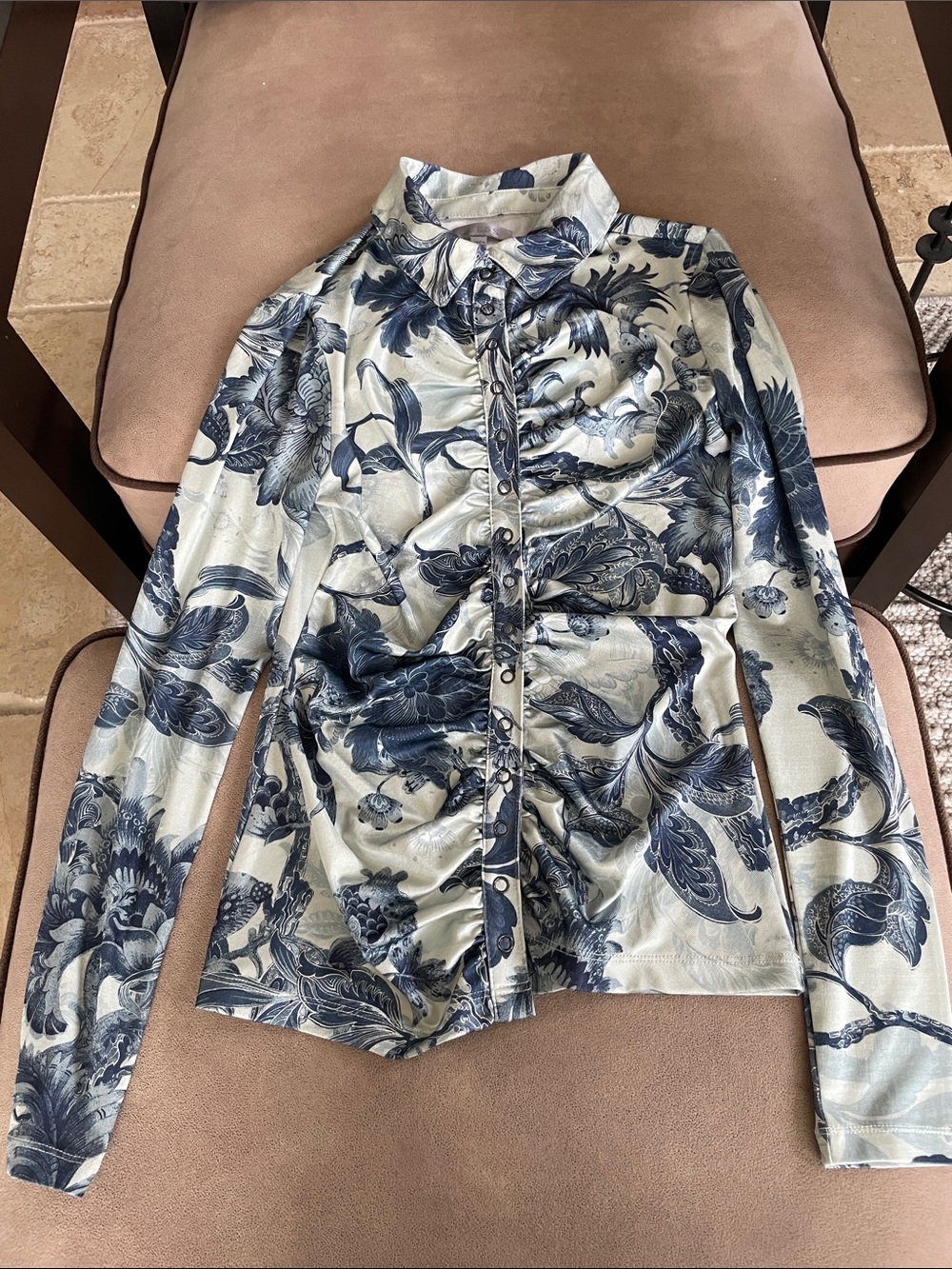 Guess Printed Ruched Button-Front Top in Blue and Cream